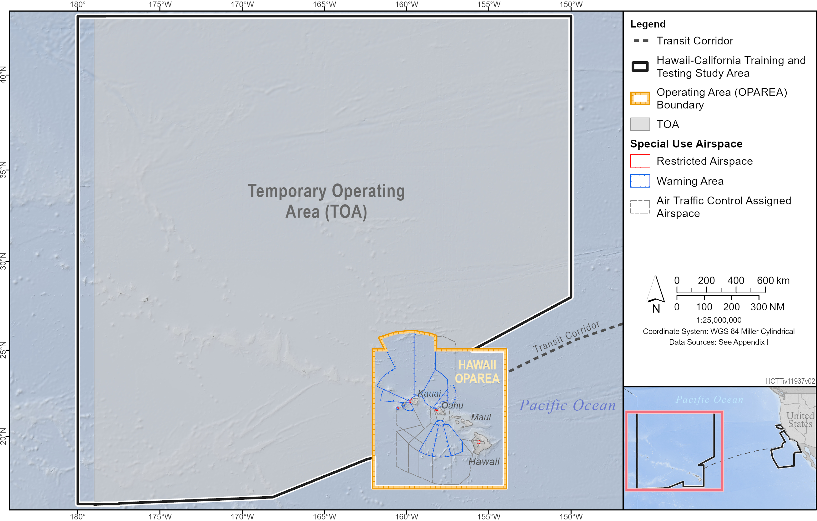 This is an image of a map showing the Hawaii portion of the Hawaii-California Training and Testing Study Area. The map is showing the Temporary Operating Area, Hawaii Operating Area boundary, transit corridor, restricted airspace, warning area, and Air Traffic Control Assigned Airspace.